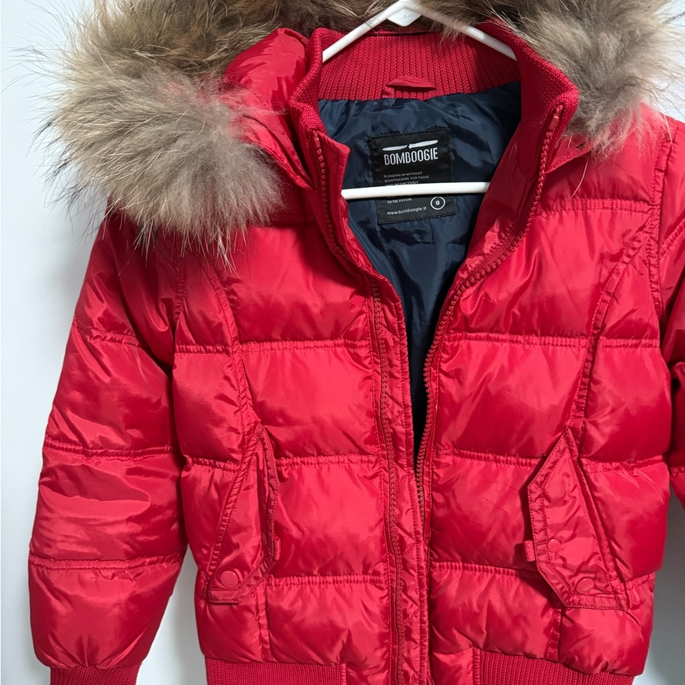 Red Kids Puffer Jacket with Fur Trim Bombagie size 8